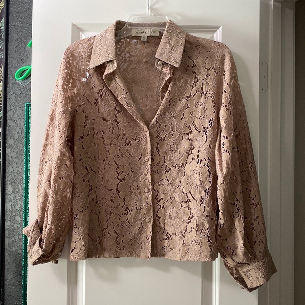 Medium taupe brown sheer lace button down top